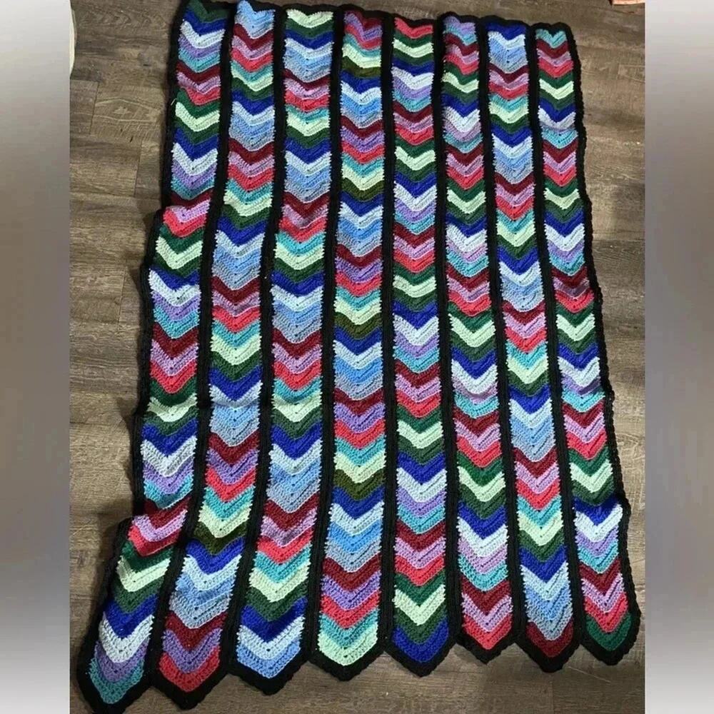 Handmade Chevron Throw Blanket Crochet Granny 36" by 60" Blue Green Pink Teal
